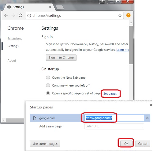 Google Chrome 55 - Startup Page Setting