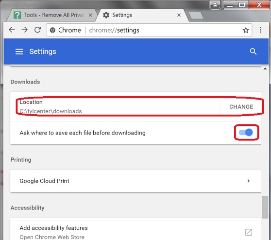 Google Chrome 61 - Download Location Settings