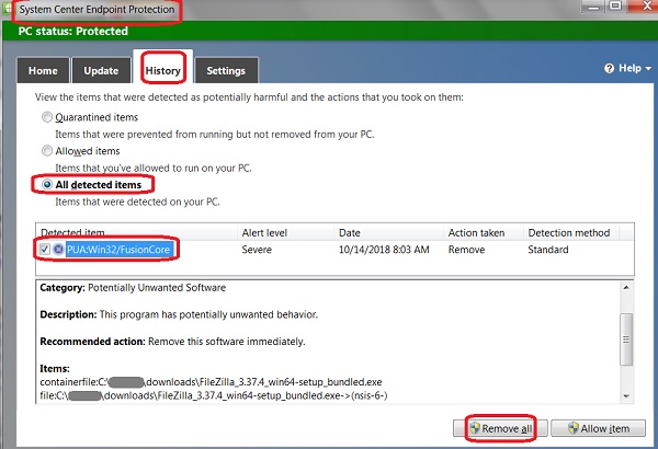 FileZilla Blocked by System Center Endpoint Protection