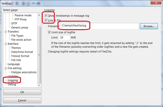 FileZilla Client - Log File Setting