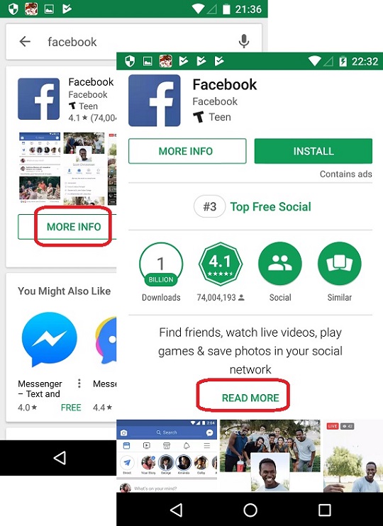 Facebook for Android in Google Play Store