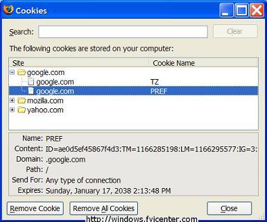 Mozilla Firefox 2.0 Viewing Cookies