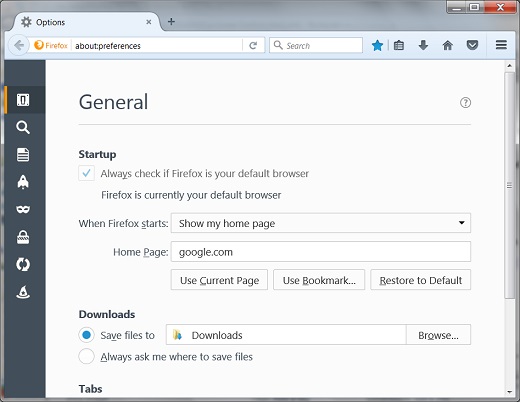 Mozilla Firefox 50.1 - Home Page Setting