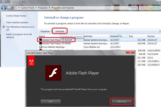 Remove Adobe Flash Player 25 add-on for Internet Explorer