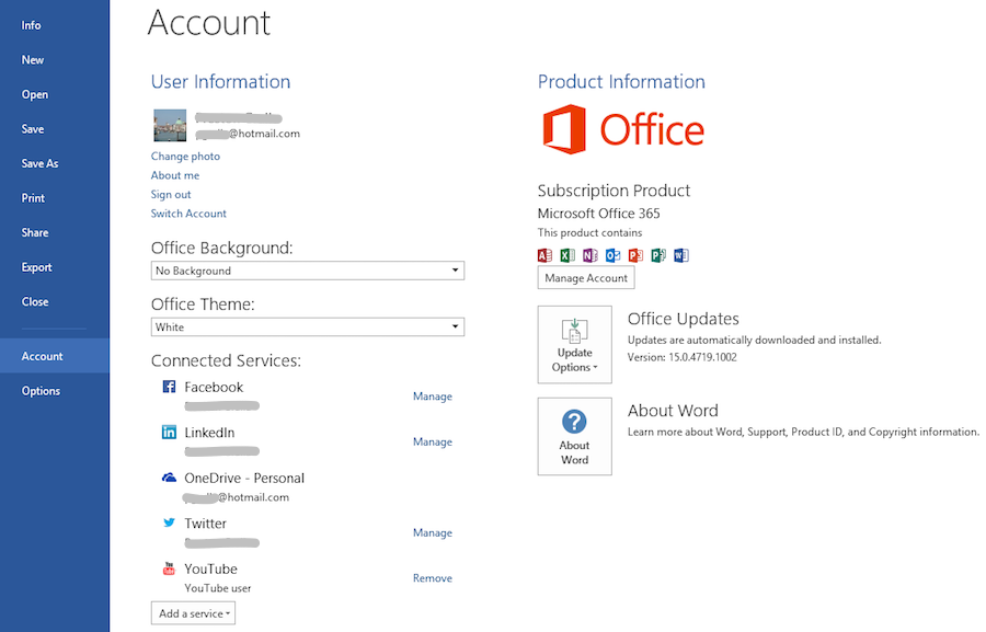 Account Info in Microsoft Office Tools