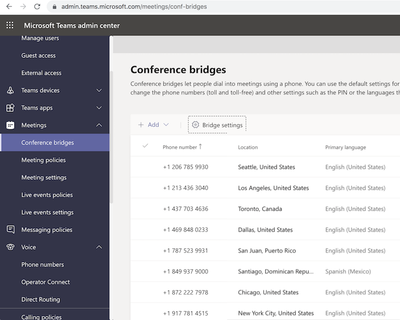 Microsoft Teams Admin Center - Conference Bridges