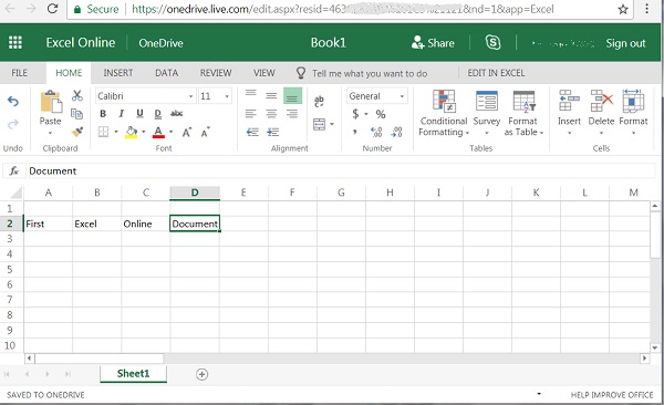 Office 365 Excel Online App Screen