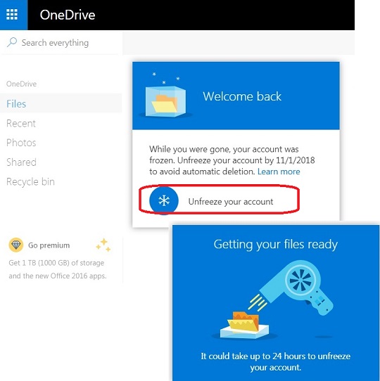 OneDrive Frozen Account Error Message