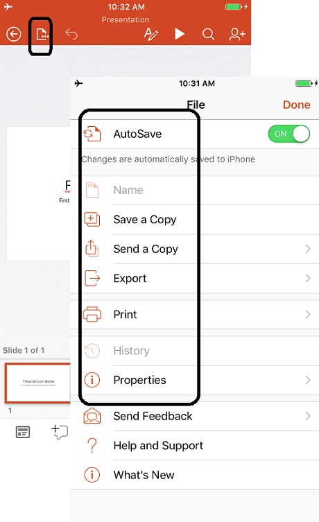 File Menu Functions Provided by PowerPoint for iPhone