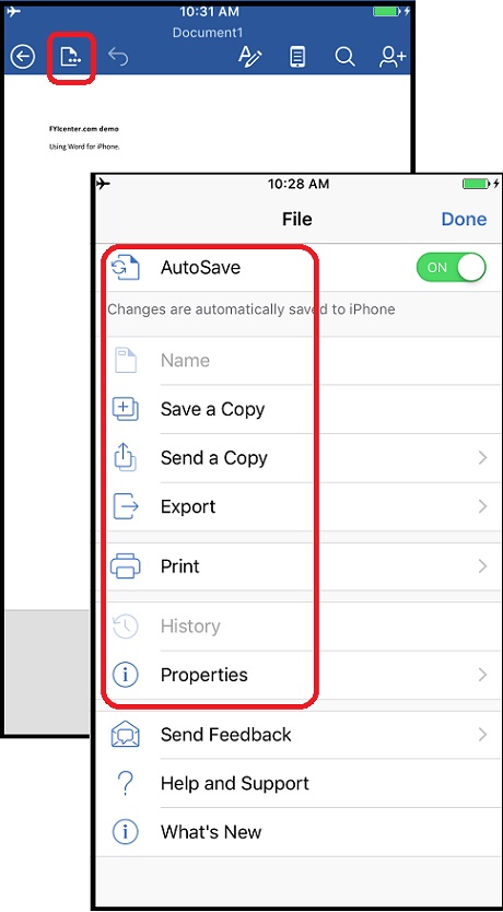 File Menu Functions Provided by Word for iPhone