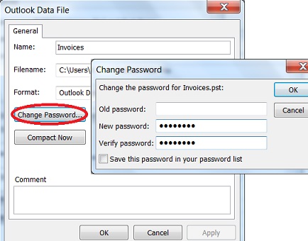 Set or Change Password of an Outlook 2010 Data File