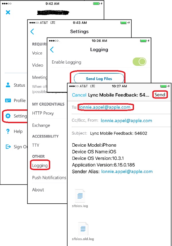 Send Out Log Files from Skype for Business on iPhone