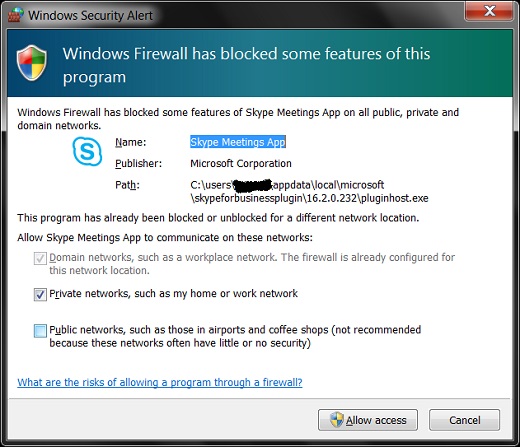 Firewall Warning on Skype Meetings App
