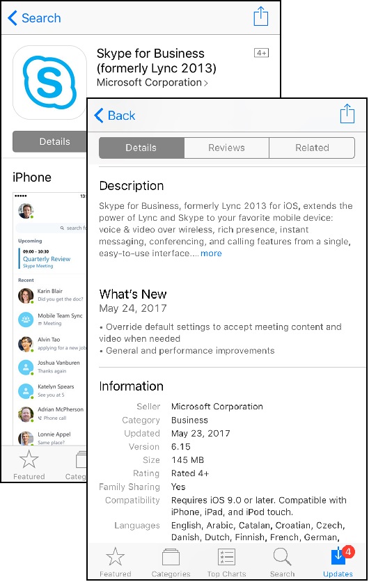 Skype for Business page in App Store on iPhone