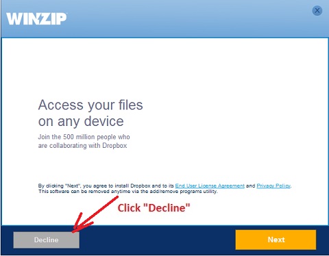 WinZip 21.0 Installation - Decline Dropbox Offer